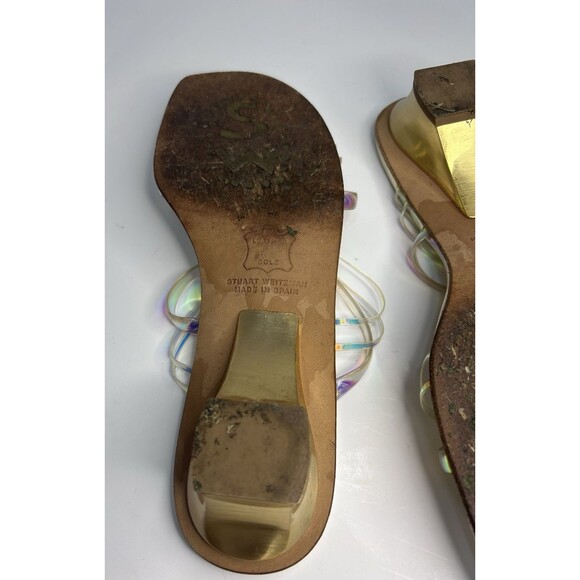Stuart Weitzman Women’s 6 1/2 Gold Colored Hologram Sandals Gold Strap Heel - Picture 8 of 8